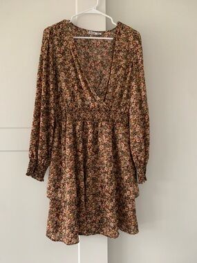 Brown Floral Smocked-Waist Long Sleeve Dress